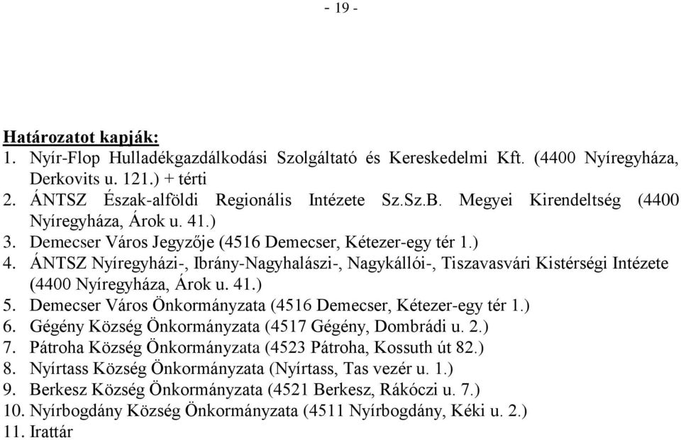 ÁNTSZ Nyíregyházi-, Ibrány-Nagyhalászi-, Nagykállói-, Tiszavasvári Kistérségi Intézete (4400 Nyíregyháza, Árok u. 41.) 5. Demecser Város Önkormányzata (4516 Demecser, Kétezer-egy tér 1.) 6.