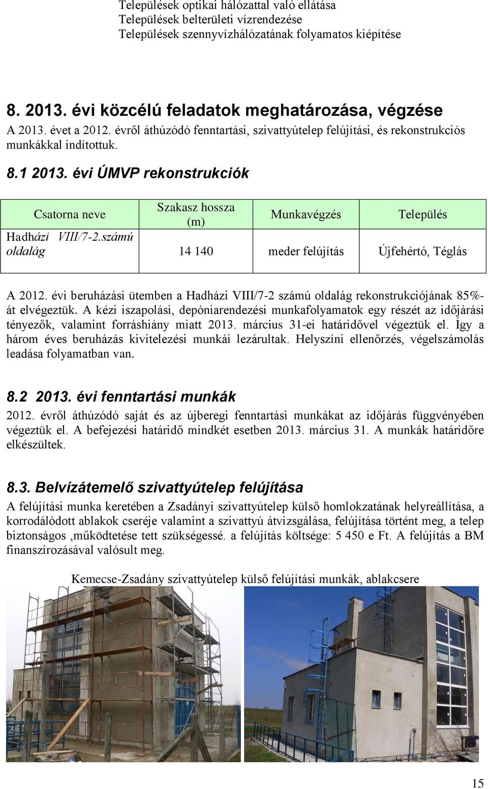 évi ÚMVP rekonstrukciók Csatorna neve Szakasz hossza (m) Munkavégzés Település Hadházi VIII/7-2.számú oldalág 14 140 meder felújítás Újfehértó, Téglás A 2012.