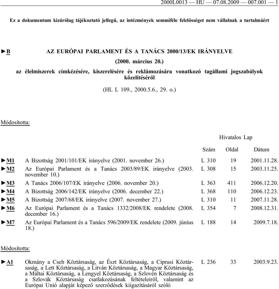 ) az élelmiszerek címkézésére, kiszerelésére és reklámozására vonatkozó tagállami jogszabályok közelítéséről (HL L 109., 2000.5.6., 29. o.