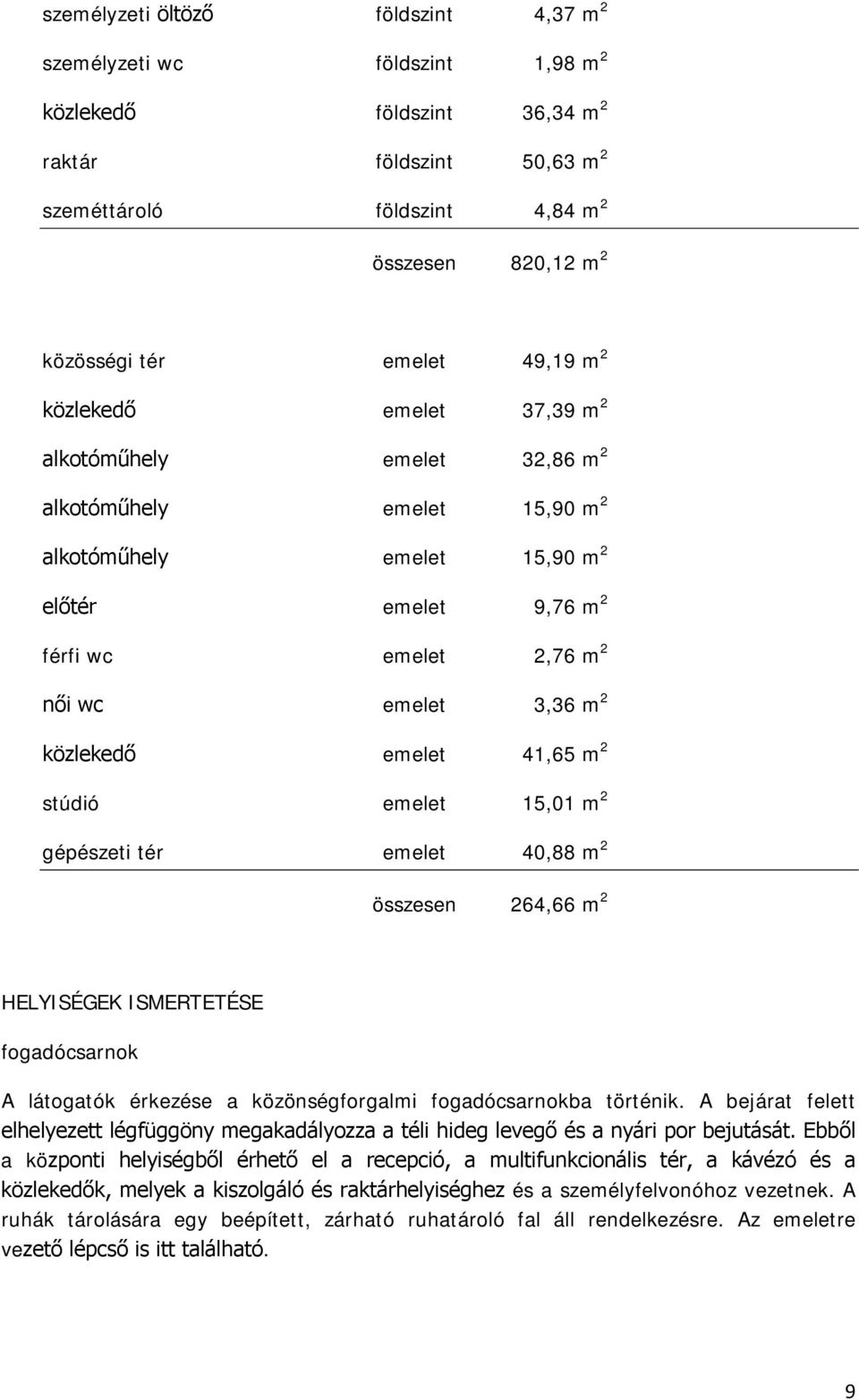 3,36 m 2 közlekedő emelet 41,65 m 2 stúdió emelet 15,01 m 2 gépészeti tér emelet 40,88 m 2 összesen 264,66 m 2 HELYISÉGEK ISMERTETÉSE fogadócsarnok A látogatók érkezése a közönségforgalmi