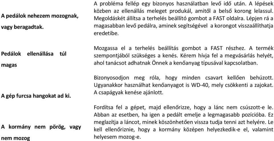 Lépjen rá a magasabban levő pedálra, aminek segítségével a korongot visszaállíthatja eredetibe. Mozgassa el a terhelés beállítás gombot a FAST részhez. A termék szempontjából szükséges a kenés.