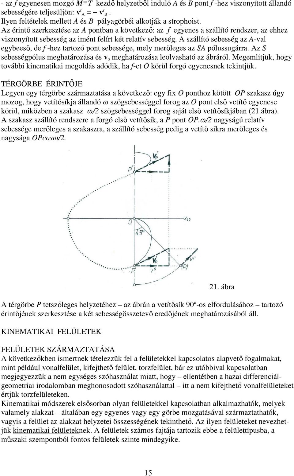 A szállító sebesség az A-val egybeeső, de f -hez tartozó pont sebessége, mely merőleges az SA pólussugárra. Az S sebességpólus meghatározása és v S meghatározása leolvasható az ábráról.