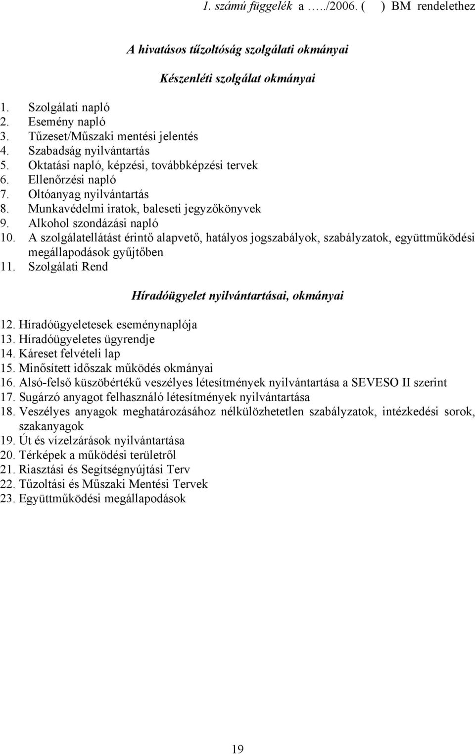 A szolgálatellátást érintő alapvető, hatályos jogszabályok, szabályzatok, együttműködési megállapodások gyűjtőben 11. Szolgálati Rend Híradóügyelet nyilvántartásai, okmányai 12.