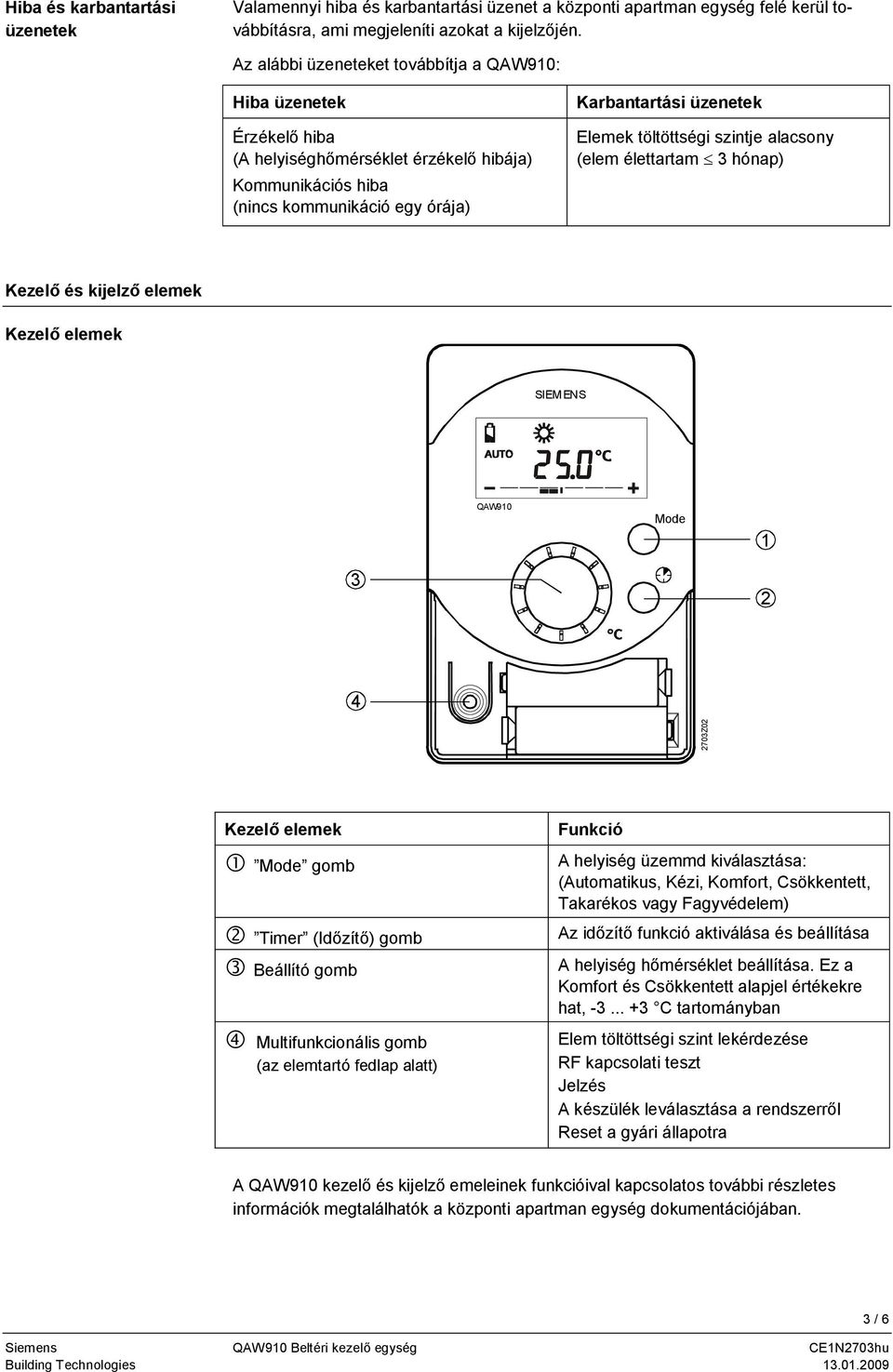 töltöttségi szintje alacsony (elem élettartam 3 hónap) Kezelő és kijelző elemek Kezelő elemek SIEM ENS QAW910 Mode 1 3 2 4 2703Z02 Kezelő elemek Mode gomb Timer (Időzítő) gomb Beállító gomb