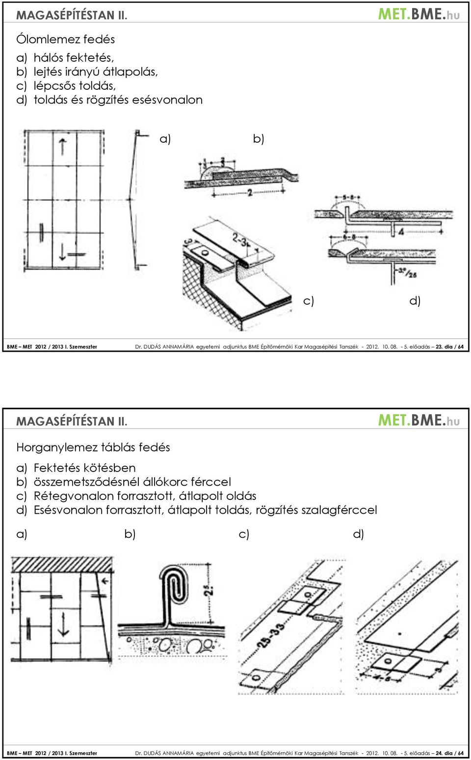 dia / 64 Horganylemez táblás fedés a) Fektetés kötésben b) összemetsződésnél állókorc férccel c) Rétegvonalon forrasztott, átlapolt oldás d) Esésvonalon