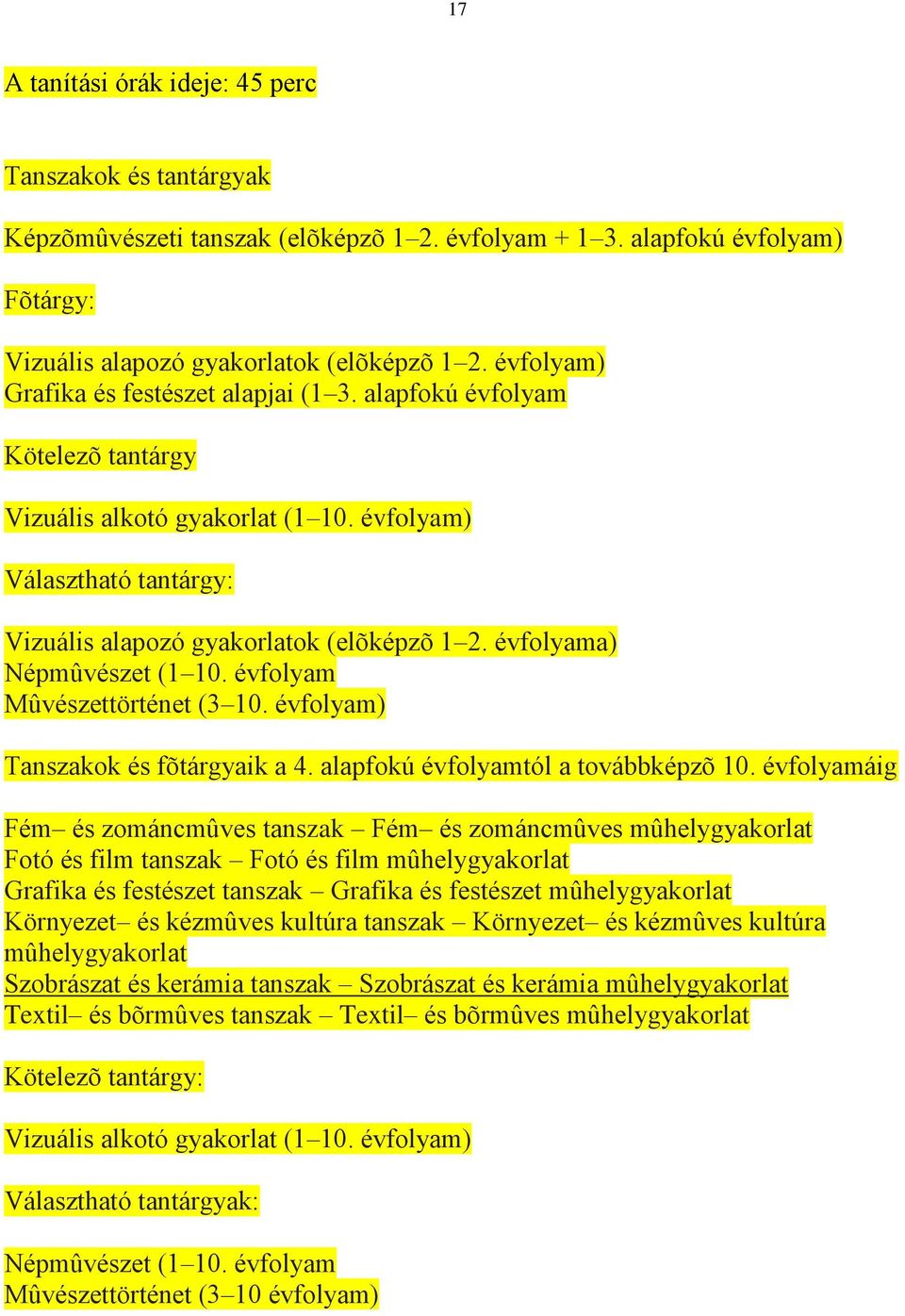 évfolyama) Népmûvészet (1 10. évfolyam Mûvészettörténet (3 10. évfolyam) Tanszakok és fõtárgyaik a 4. alapfokú évfolyamtól a továbbképzõ 10.