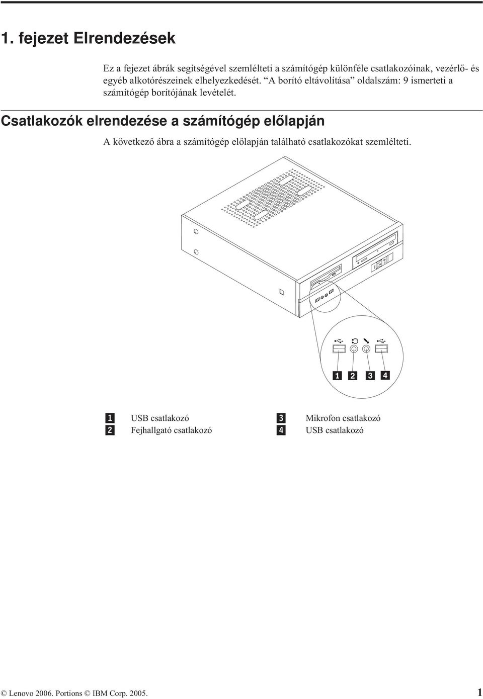 Csatlakozók elrendezése a számítógép előlapján A következő ábra a számítógép előlapján található csatlakozókat