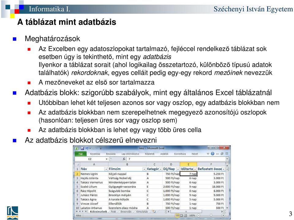 Adatbázis blokk: szigorúbb szabályok, mint egy általános Excel táblázatnál Utóbbiban lehet két teljesen azonos sor vagy oszlop, egy adatbázis blokkban nem Az adatbázis blokkban nem