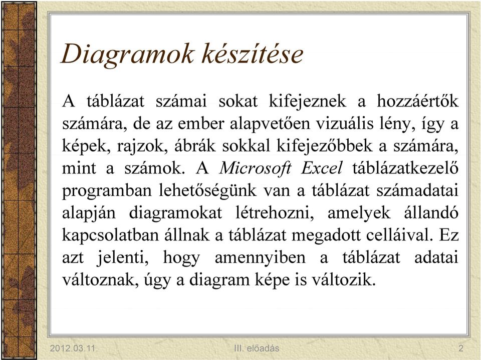 A Microsoft Excel táblázatkezelő programban lehetőségünk van a táblázat számadatai alapján diagramokat létrehozni, amelyek