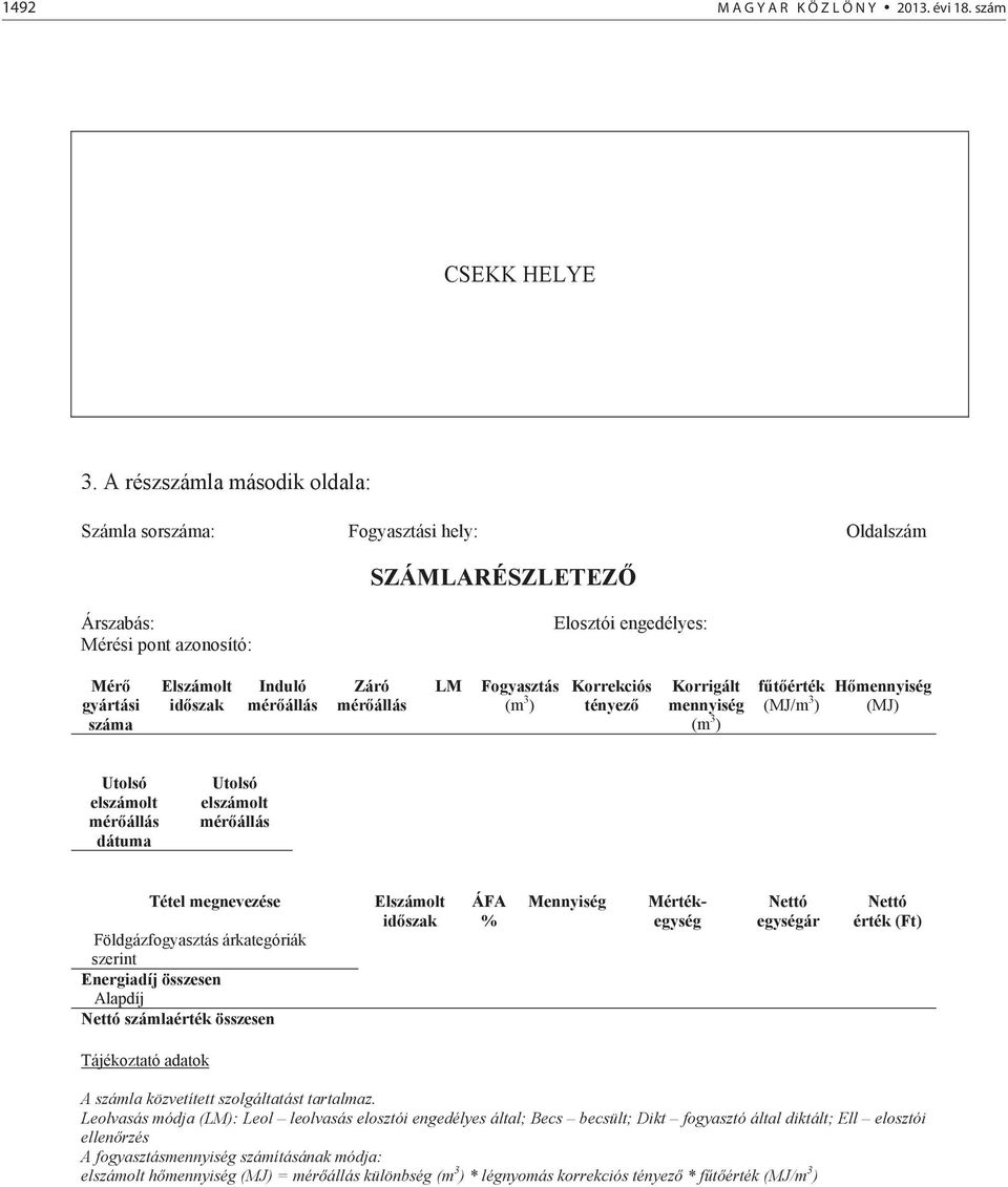 Záró mér állás LM Fogyasztás (m 3 ) Korrekciós tényez Korrigált mennyiség (m 3 ) f t érték (MJ/m 3 ) H mennyiség (MJ) Utolsó elszámolt mér állás dátuma Utolsó elszámolt mér állás Tétel megnevezése
