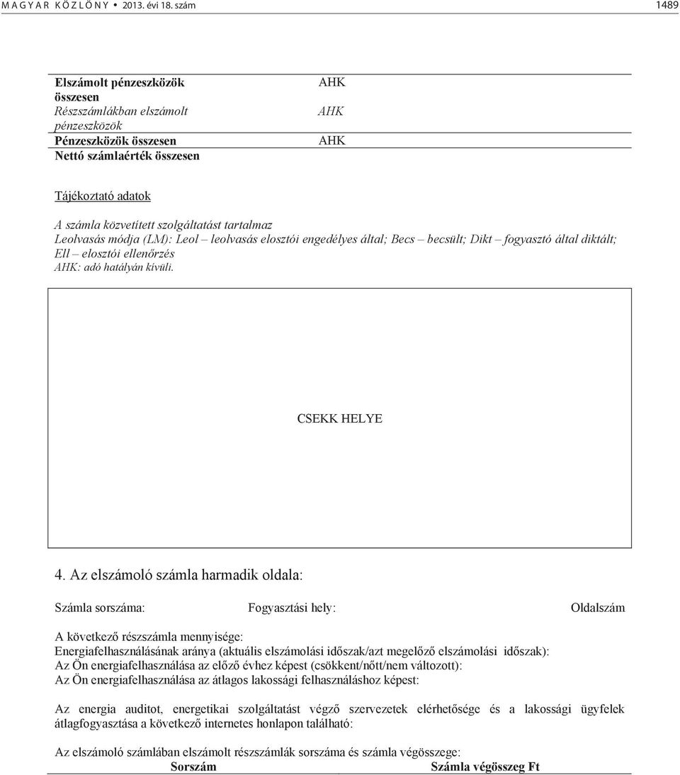 tartalmaz Leolvasás módja (LM): Leol leolvasás elosztói engedélyes által; Becs becsült; Dikt fogyasztó által diktált; Ell elosztói ellen rzés AHK: adó hatályán kívüli. CSEKK HELYE 4.