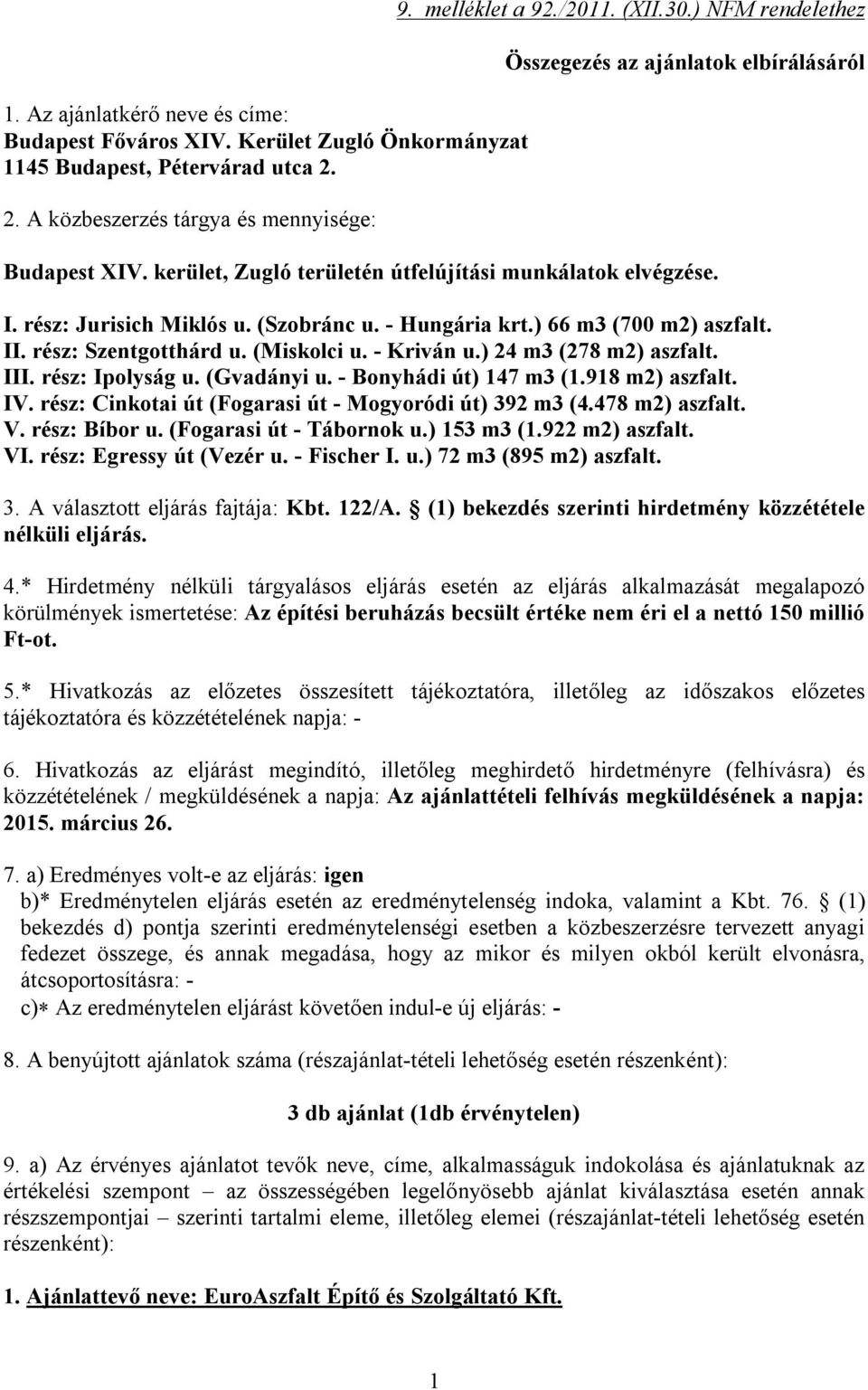 ) 66 m3 (700 m2) aszfalt. II. rész: Szentgotthárd u. (Miskolci u. - Kriván u.) 24 m3 (278 m2) aszfalt. III. rész: Ipolyság u. (Gvadányi u. - Bonyhádi út) 147 m3 (1.918 m2) aszfalt. IV.