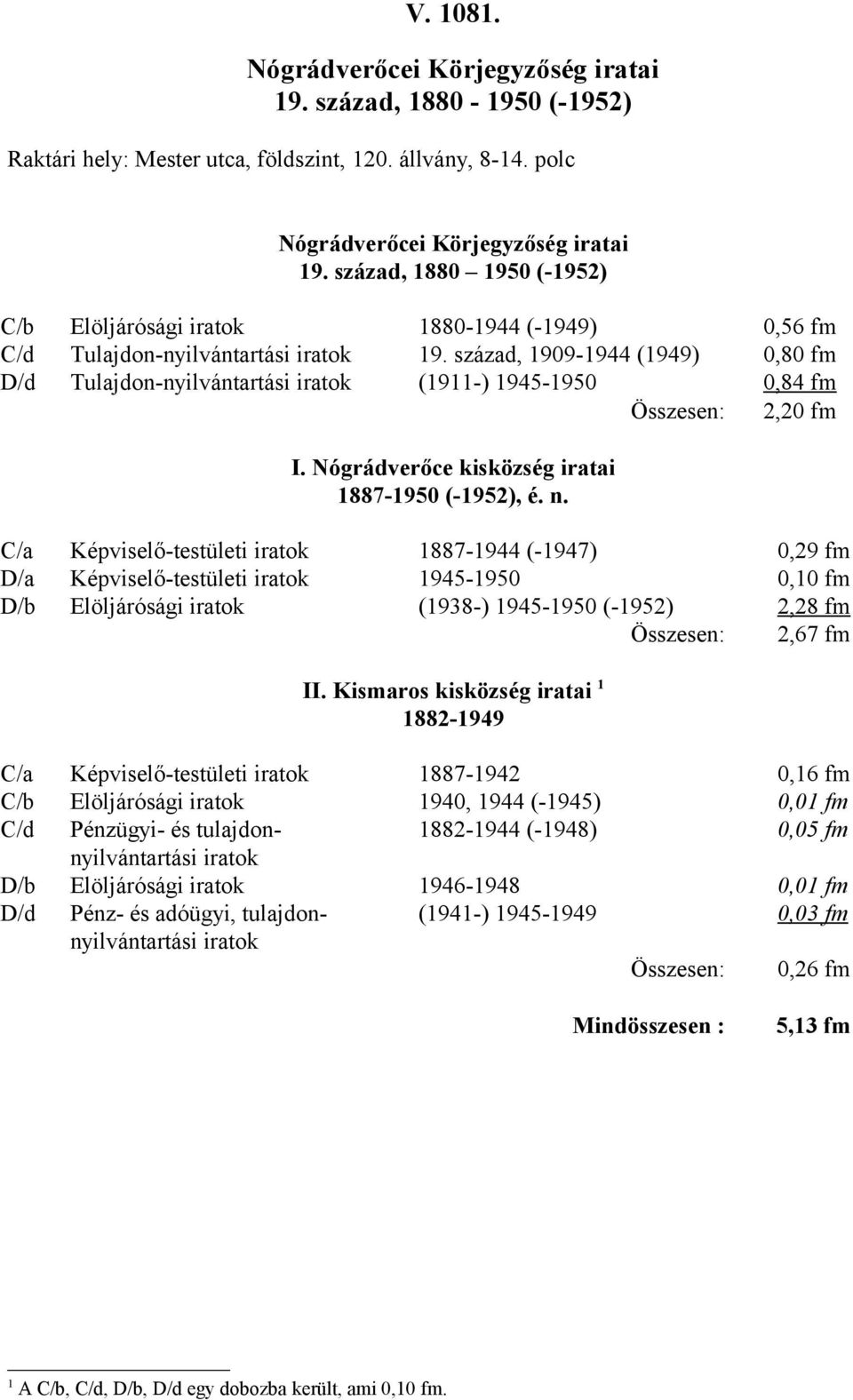 Nógrádverőce kisközség iratai 1887-1950 (-1952), C/a Képviselő-testületi iratok 1887-1944 (-1947) 0,29 fm D/a Képviselő-testületi iratok -1950 0,10 fm D/b Elöljárósági iratok (1938-) -1950 (-1952)