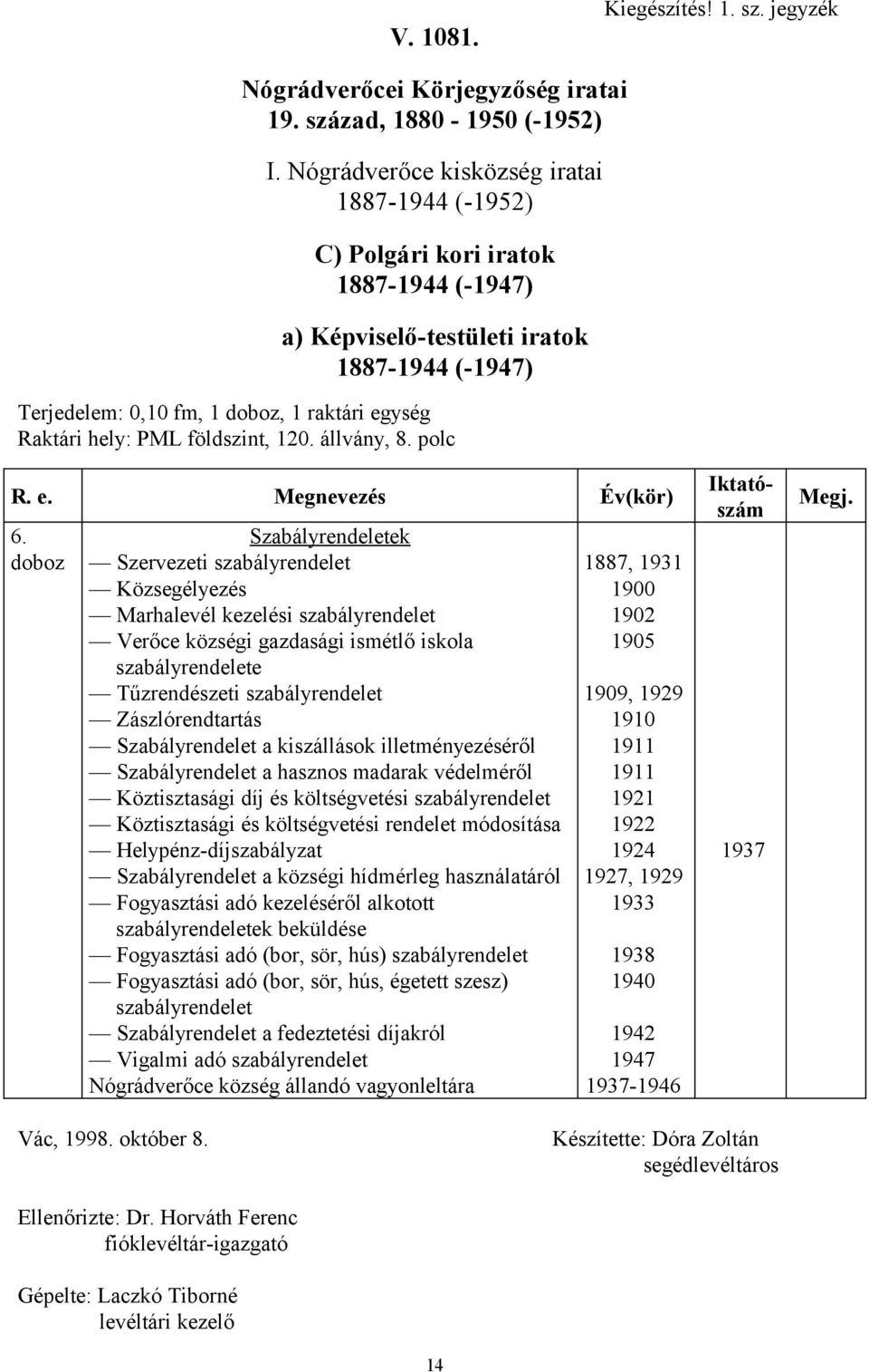 földszint, 120. állvány, 8. polc R. e. Megnevezés Év(kör) 6.