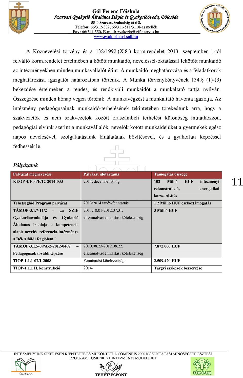 A munkaidő meghatározása és a feladatkörök meghatározása igazgatói határozatban történik. A Munka törvénykönyvének 134.