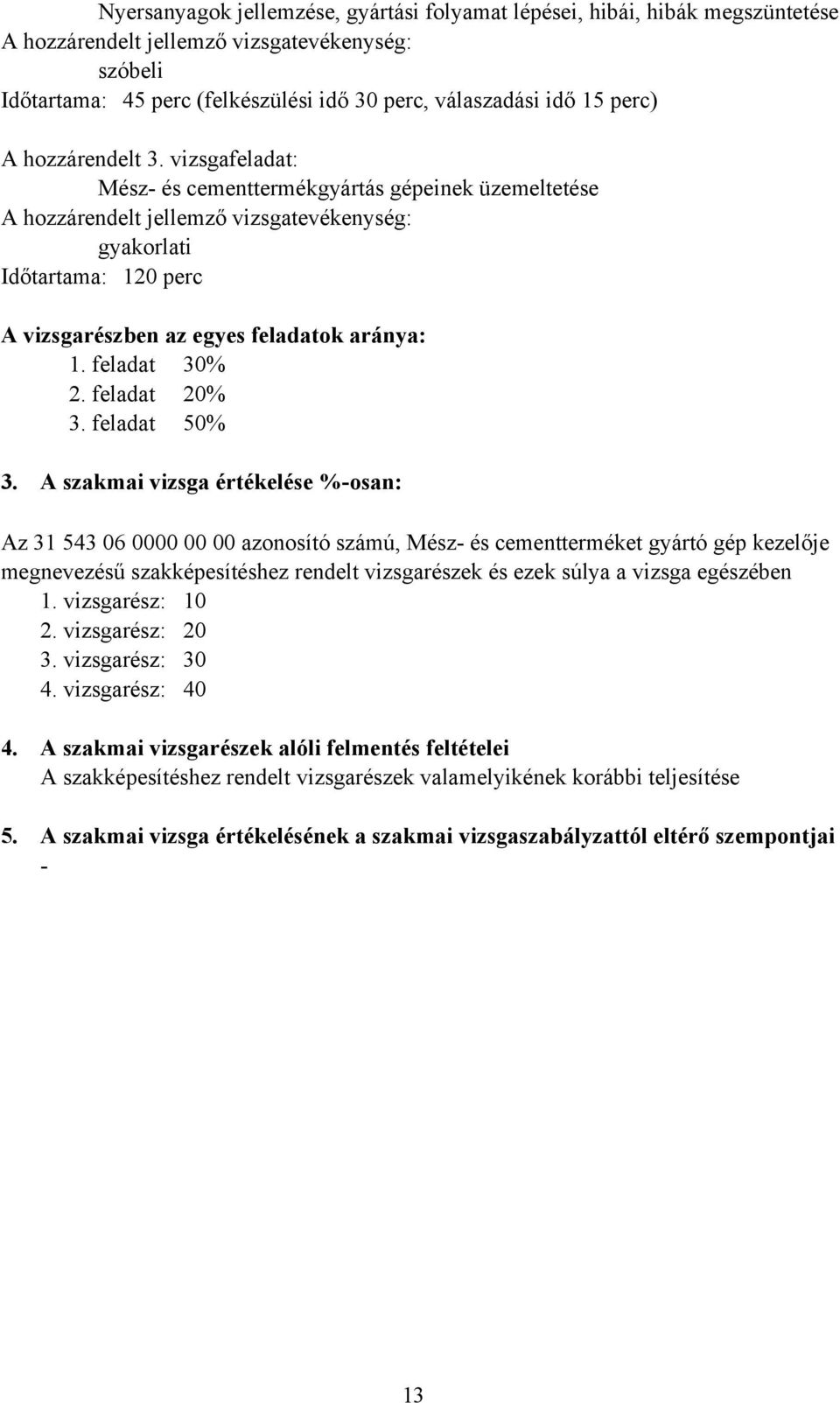 A szakmai vizsga értékelése %-osan: Az 31 543 06 0000 00 00 azonosító számú, Mész- és cementterméket gyártó gép kezelője megnevezésű szakképesítéshez rendelt vizsgarészek és ezek súlya a vizsga