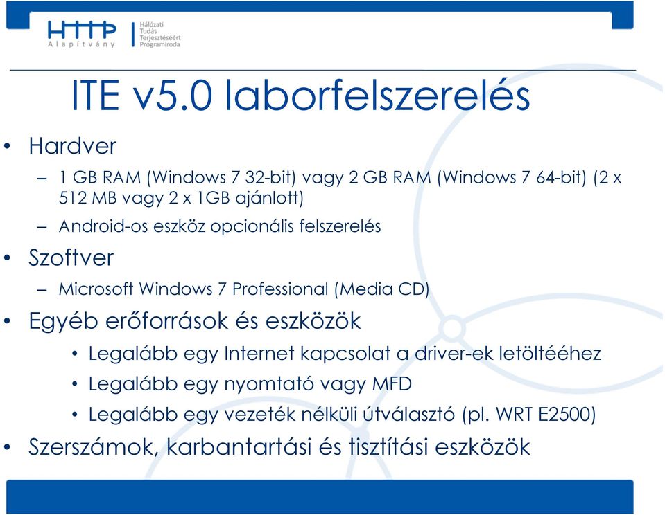 ajánlott) Android-os eszköz opcionális felszerelés Szoftver Microsoft Windows 7 Professional (Media CD) Egyéb