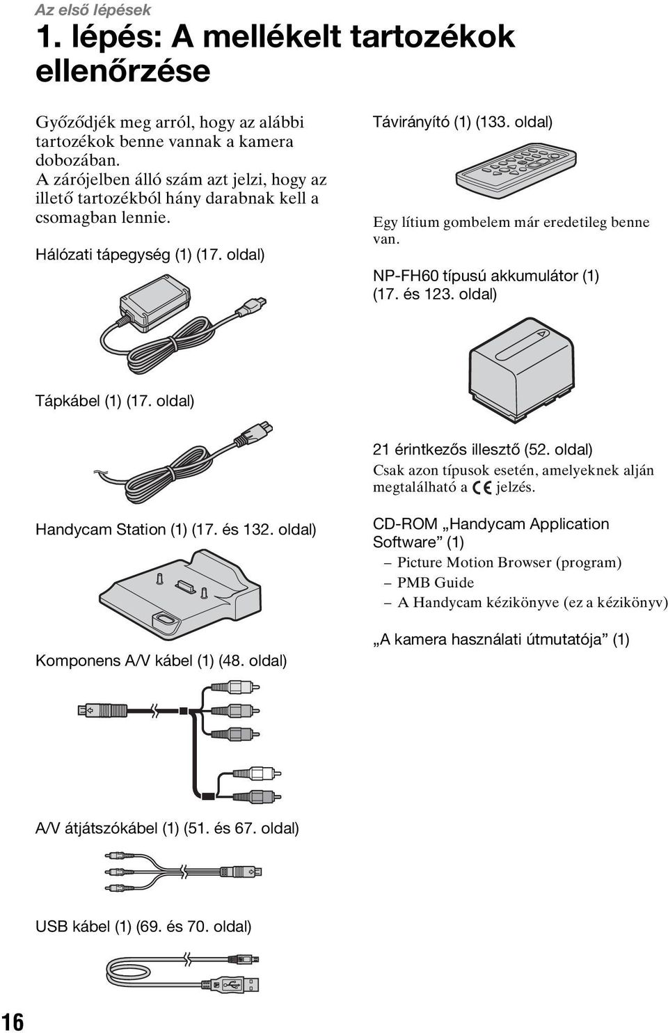 oldal) Egy lítium gombelem már eredetileg benne van. NP-FH60 típusú akkumulátor (1) (17. és 123. oldal) Tápkábel (1) (17. oldal) 21 érintkezős illesztő (52.