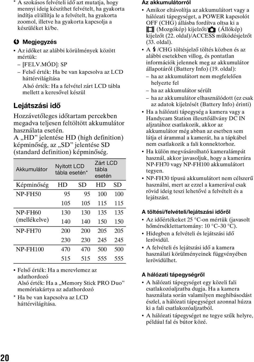 MÓD]: SP Felső érték: Ha be van kapcsolva az LCD háttérvilágítása Alsó érték: Ha a felvétel zárt LCD tábla mellett a keresővel készül Lejátszási idő Hozzávetőleges időtartam percekben megadva