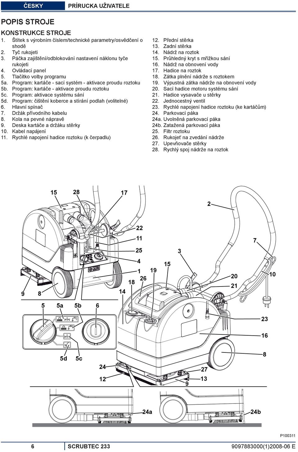 Program: kartáče - aktivace proudu roztoku 5c. Program: aktivace systému sání 5d. Program: čištění koberce a stírání podlah (volitelné) 6. Hlavní spínač 7. Držák přívodního kabelu 8.