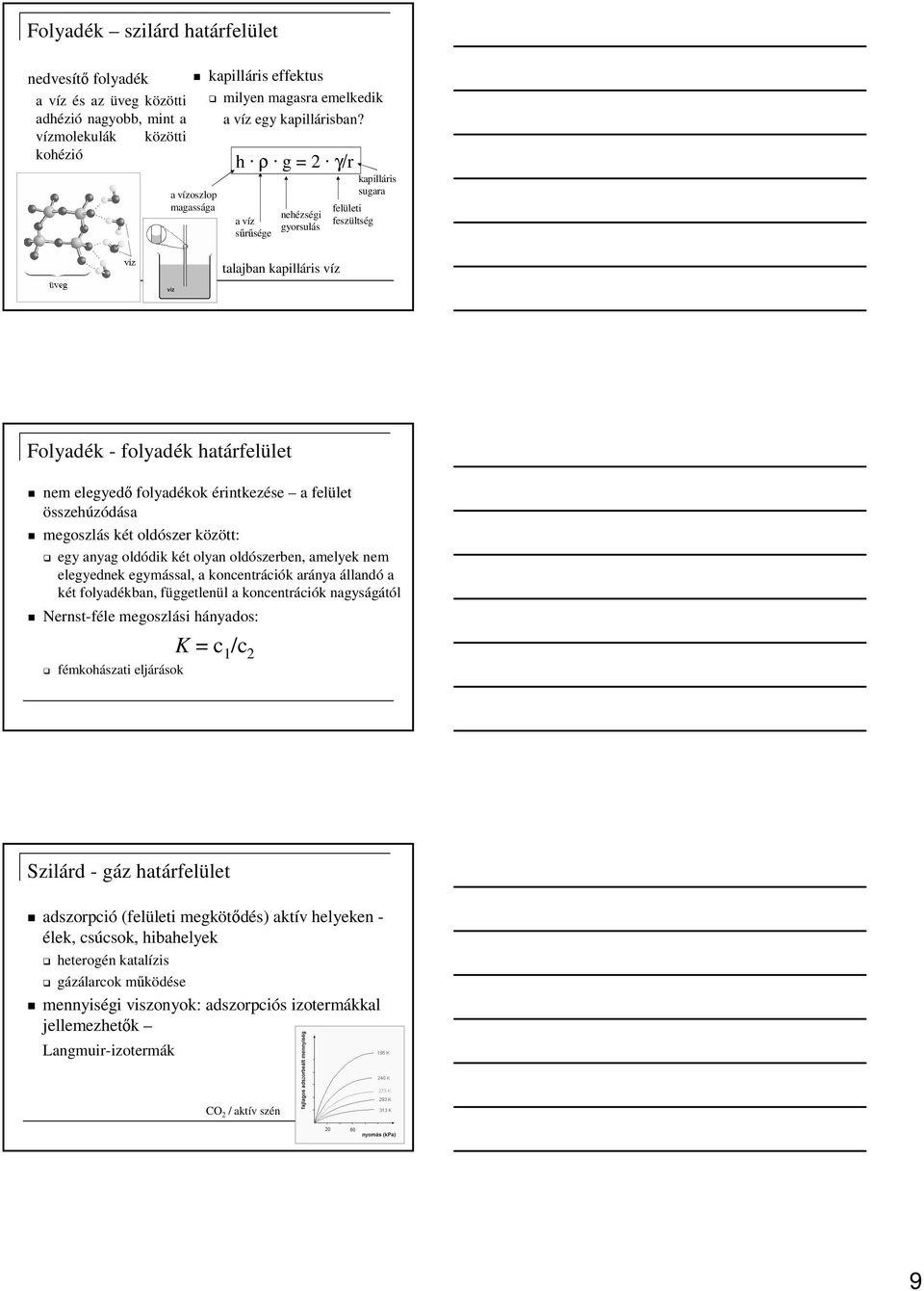 h ρ g = 2 γ/r a víz sűrűsége nehézségi gyorsulás talajban kapilláris víz kapilláris sugara felületi feszültség Folyadék - folyadék határfelület nem elegyedő folyadékok érintkezése a felület