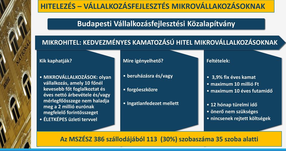 Feltételek: MIKROVÁLLALKOZÁSOK: olyan vállalkozás, amely 10 főnél kevesebb főt foglalkoztat és éves nettó árbevétele és/vagy mérlegfőösszege nem haladja meg a 2 millió