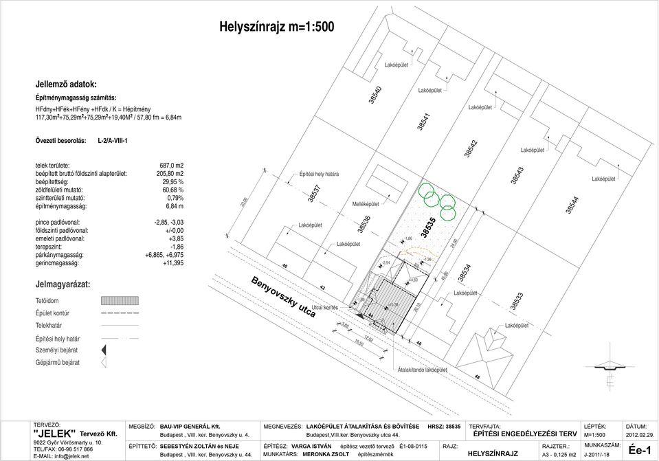 23,00 Építési hely határa 38537 Melléképület 38543 38544 pince padlóvonal: földszinti padlóvonal: emeleti padlóvonal: terepszint: párkánymagasság: gerincmagasság: Jelmagyarázat: Tetõidom Épület