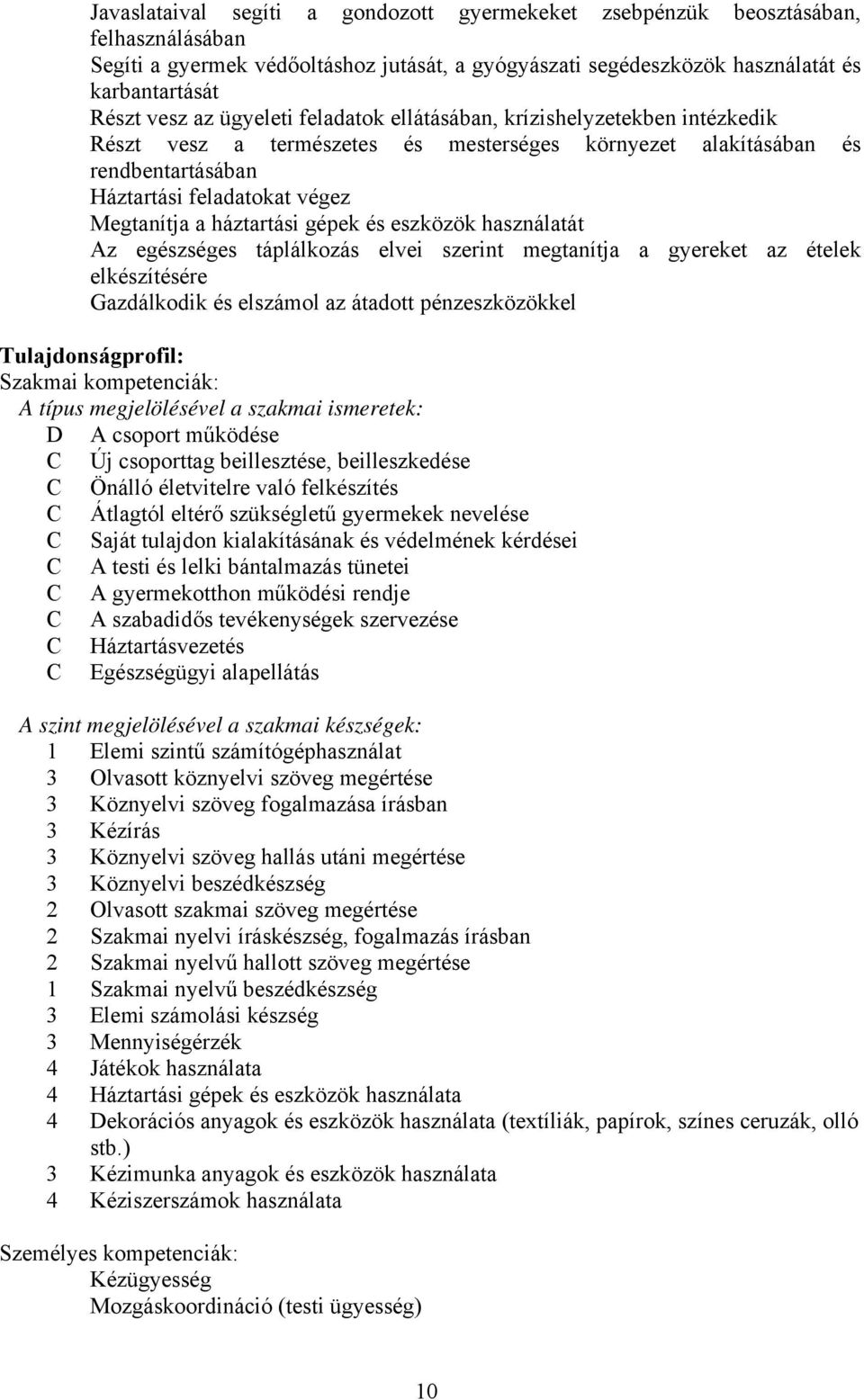 gépek és eszközök használatát Az egészséges táplálkozás elvei szerint megtanítja a gyereket az ételek elkészítésére Gazdálkodik és elszámol az átadott pénzeszközökkel Tulajdonságprofil: Szakmai