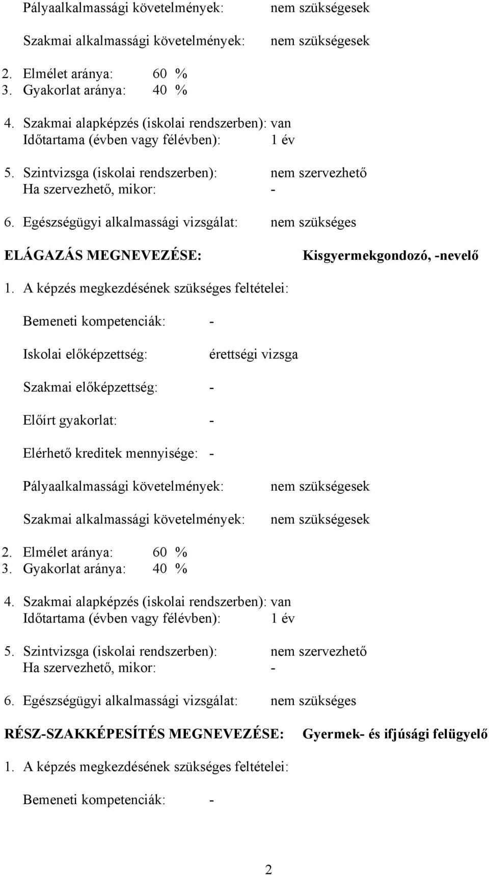 Egészségügyi alkalmassági vizsgálat: nem szükséges ELÁGAZÁS MEGNEVEZÉSE: Kisgyermekgondozó, -nevelő 1.