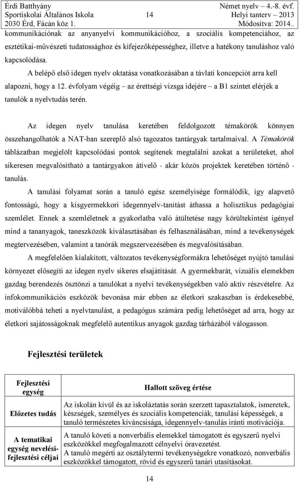 évfolyam végéig az érettségi vizsga idejére a B1 szintet elérjék a tanulók a nyelvtudás terén.