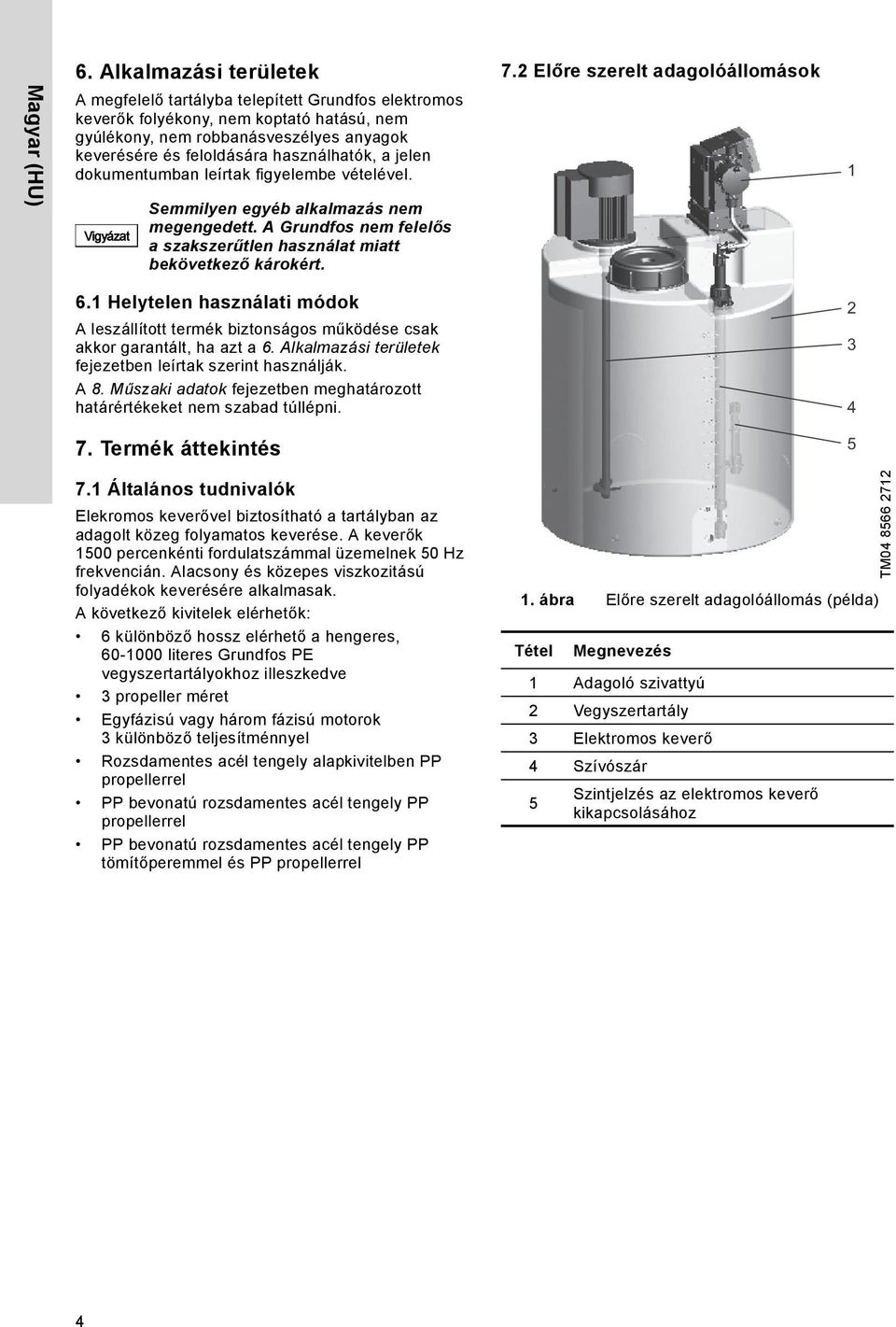 a jelen dokumentumban leírtak figyelembe vételével. Semmilyen egyéb alkalmazás nem megengedett. A Grundfos nem felelős a szakszerűtlen használat miatt bekövetkező károkért. 7.