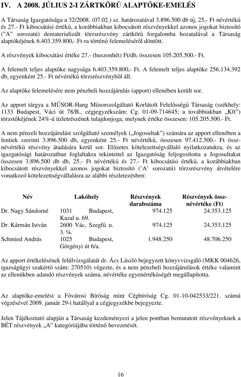 359.800,- Ft-ra történı felemelésérıl döntött. A részvények kibocsátási értéke 27.- (huszonhét) Ft/db, összesen 105.205.500.- Ft. A felemelt teljes alaptıke nagysága 6.403.359.800,- Ft. A felemelt teljes alaptıke 256.