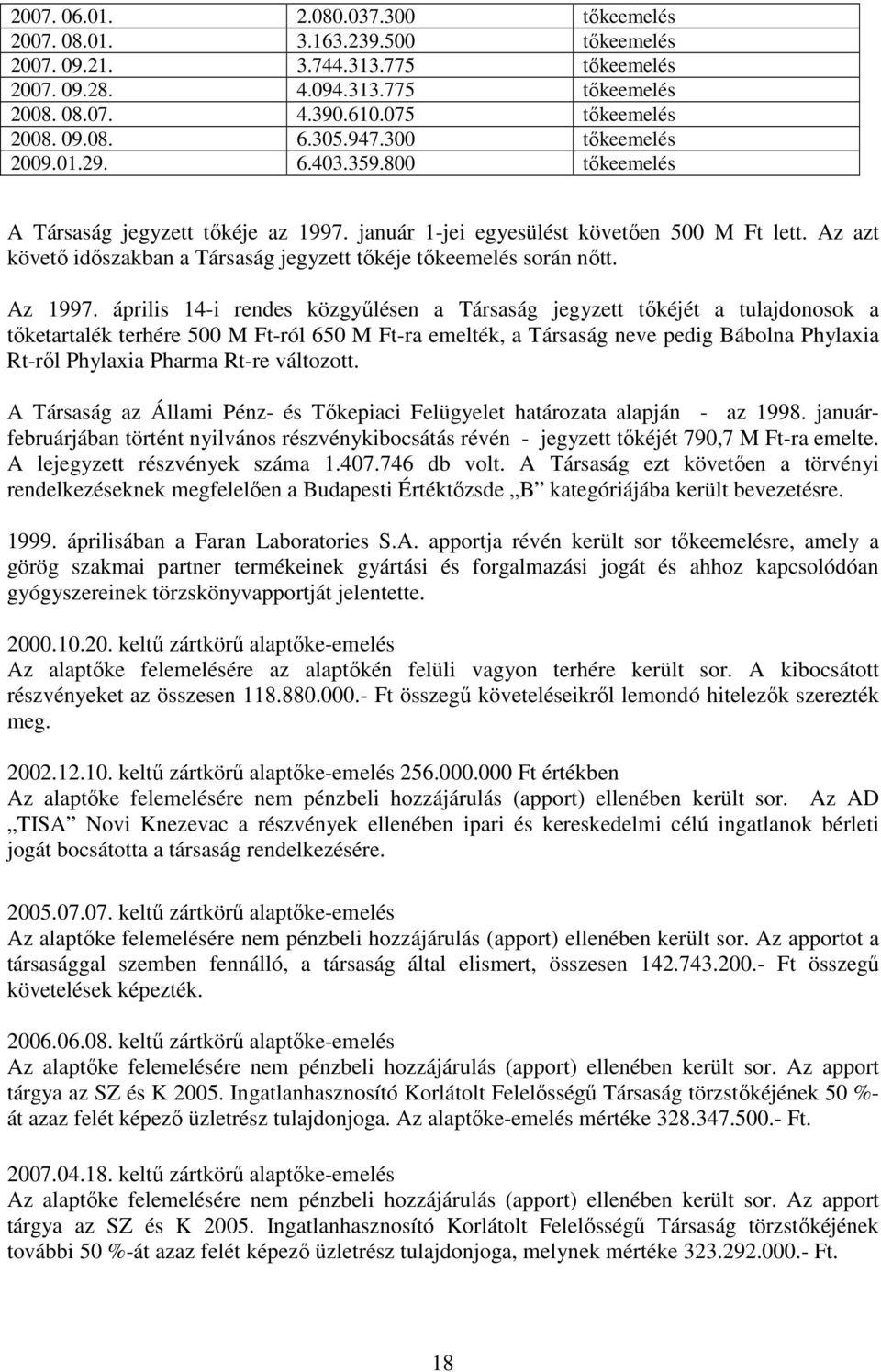 Az azt követı idıszakban a Társaság jegyzett tıkéje tıkeemelés során nıtt. Az 1997.