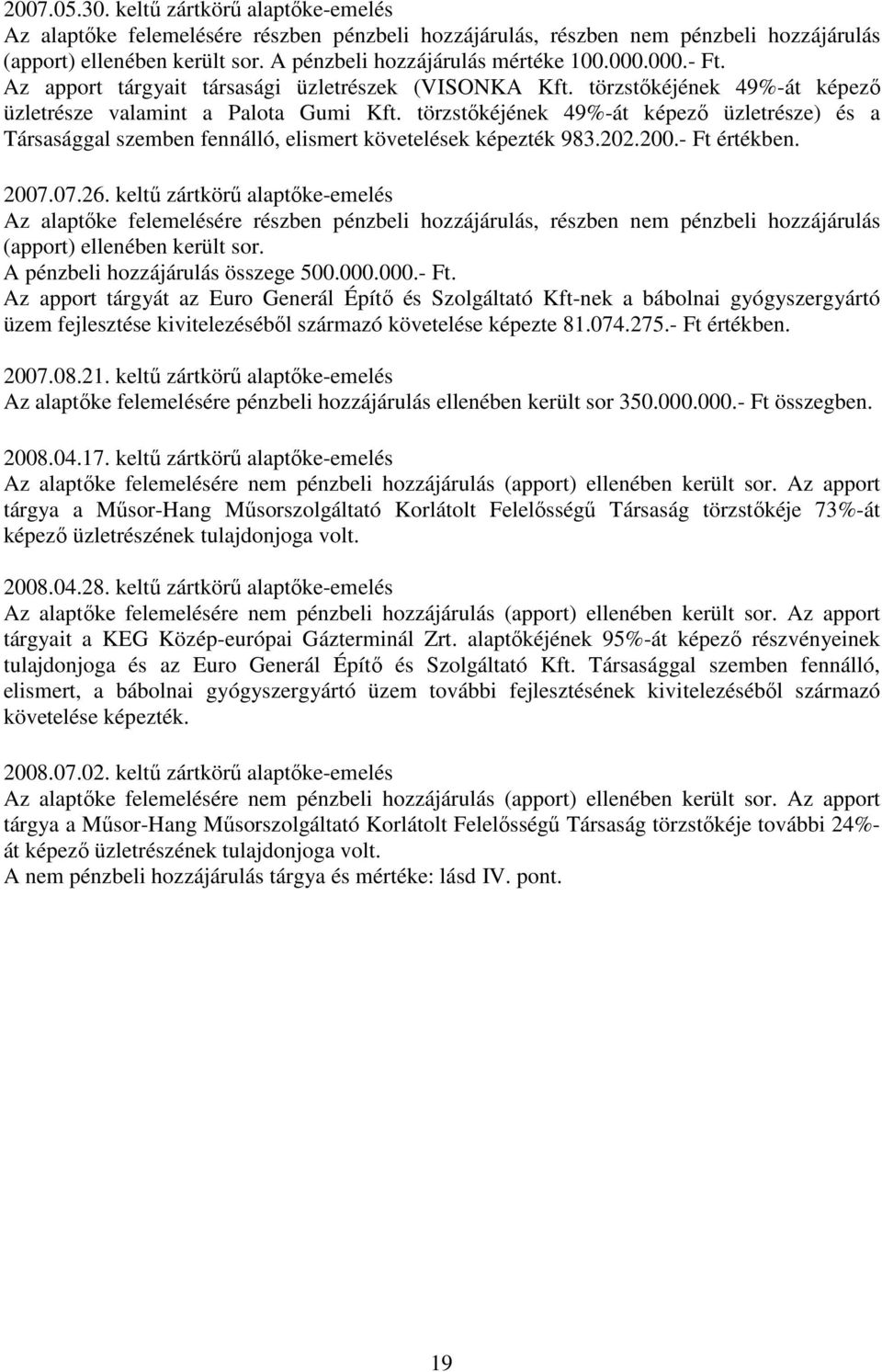 törzstıkéjének 49%-át képezı üzletrésze) és a Társasággal szemben fennálló, elismert követelések képezték 983.202.200.- Ft értékben. 2007.07.26.