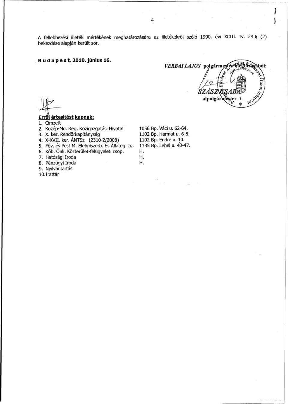 Rendőrkapitányság 4. X-XVII. ker. ÁNTSz (2310-2/2008) 5. Főv. és Pest M. Élelmiszerb. És Állateg. 6. Kőb. Önk. Közterület-felügyeleti csop. 7.