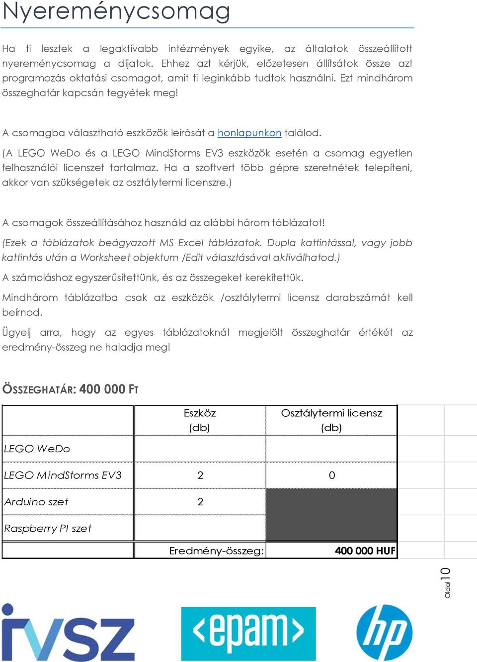 A csomagba választható eszközök leírását a honlapunkon találod. (A LEGO WeDo és a LEGO MindStorms EV3 eszközök esetén a csomag egyetlen felhasználói licenszet tartalmaz.