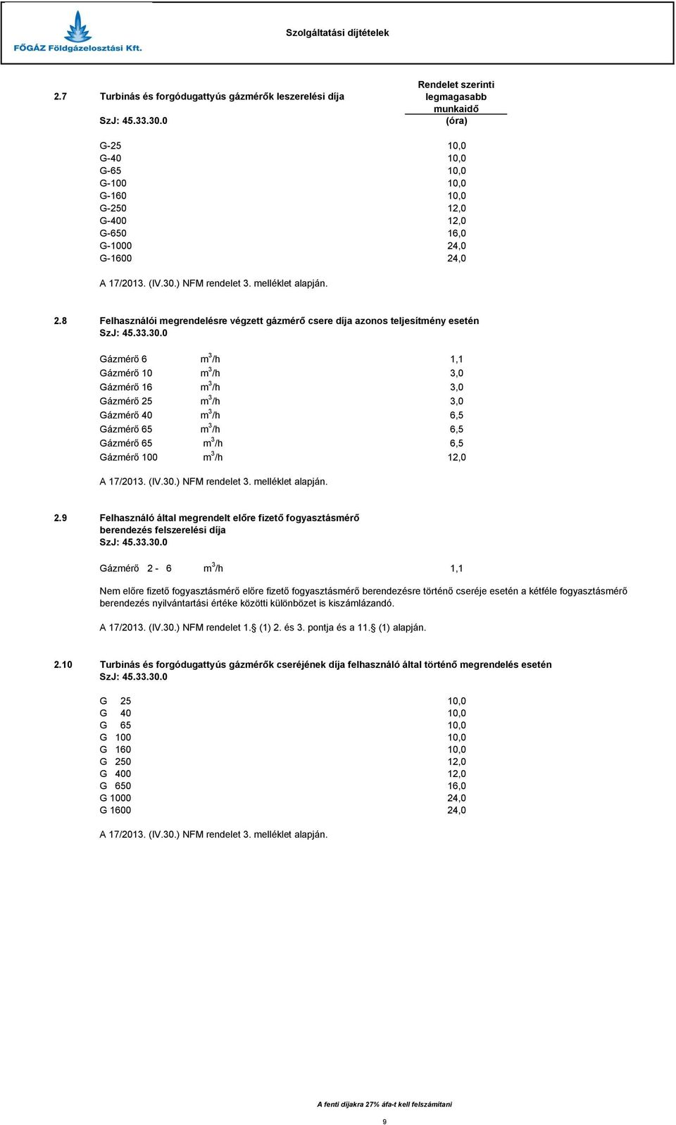 melléklet alapján. 2.8 Felhasználói megrendelésre végzett gázmérő csere díja azonos teljesítmény esetén SzJ: 45.33.30.