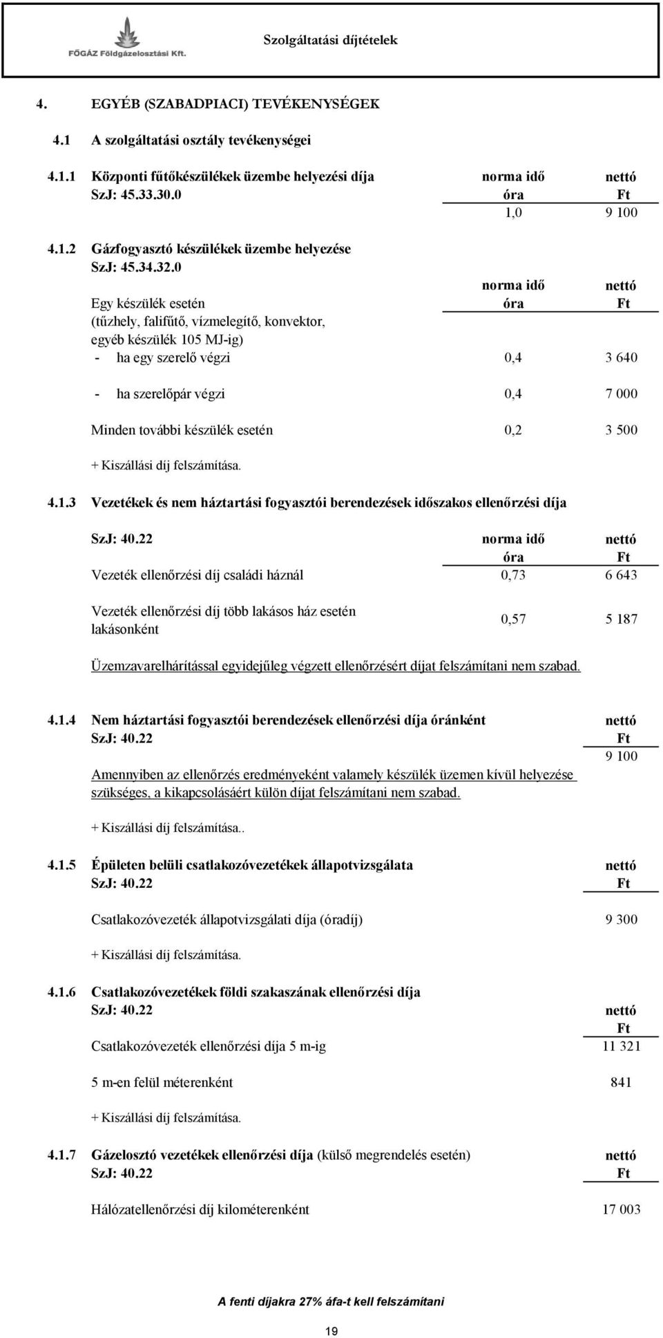 0 norma idő Egy készülék esetén óra (tűzhely, falifűtő, vízmelegítő, konvektor, egyéb készülék 105 MJ-ig) - ha egy szerelő végzi 0,4 3 640 - ha szerelőpár végzi 0,4 7 000 Minden további készülék