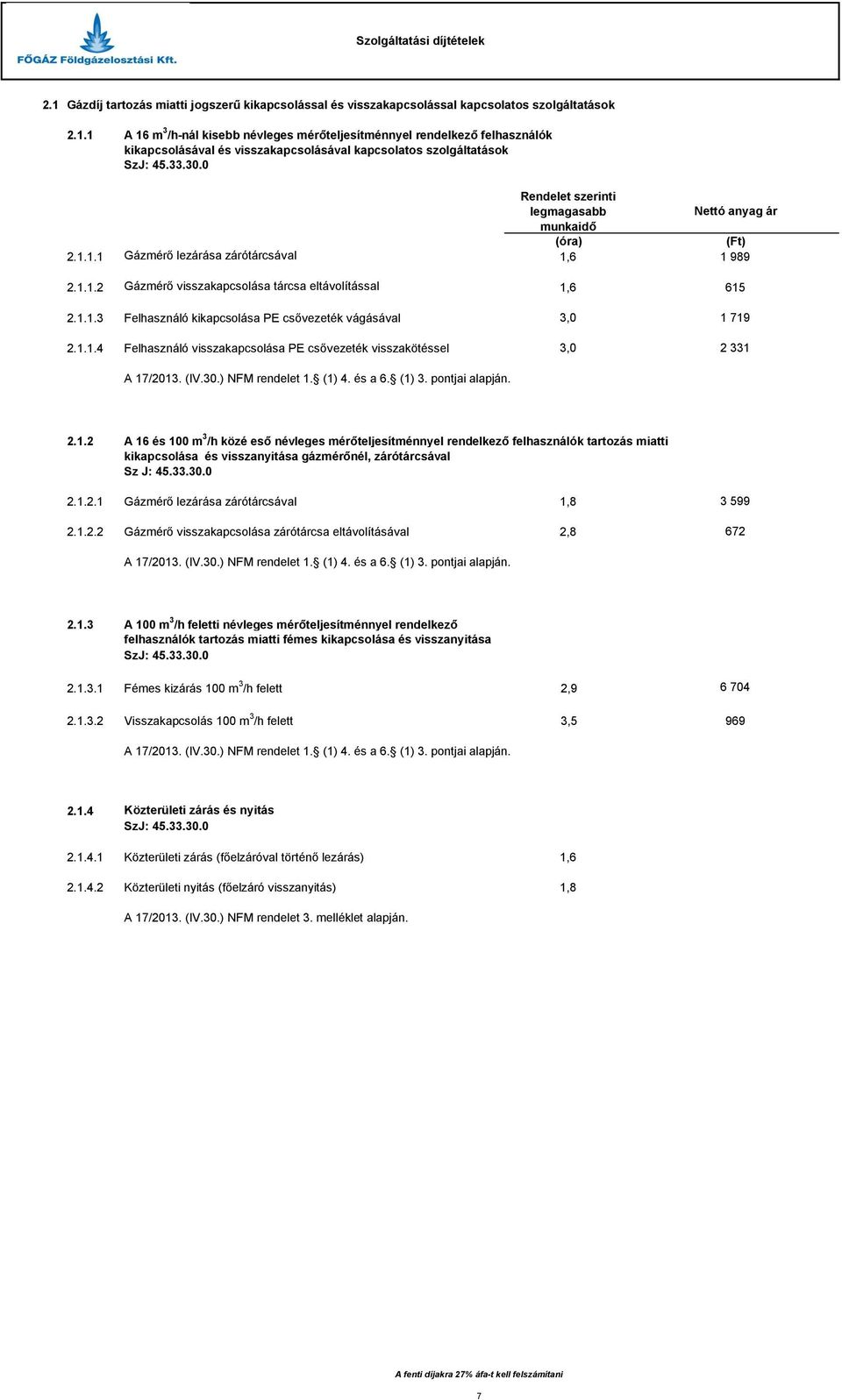 1.1.4 Felhasználó visszakapcsolása PE csővezeték visszakötéssel 3,0 2 331 A 17/2013. (IV.30.) NFM rendelet 1. (1) 4. és a 6. (1) 3. pontjai alapján. 2.1.2 A 16 és 100 m 3 /h közé eső névleges mérőteljesítménnyel rendelkező felhasználók tartozás miatti kikapcsolása és visszanyitása gázmérőnél, zárótárcsával Sz J: 45.