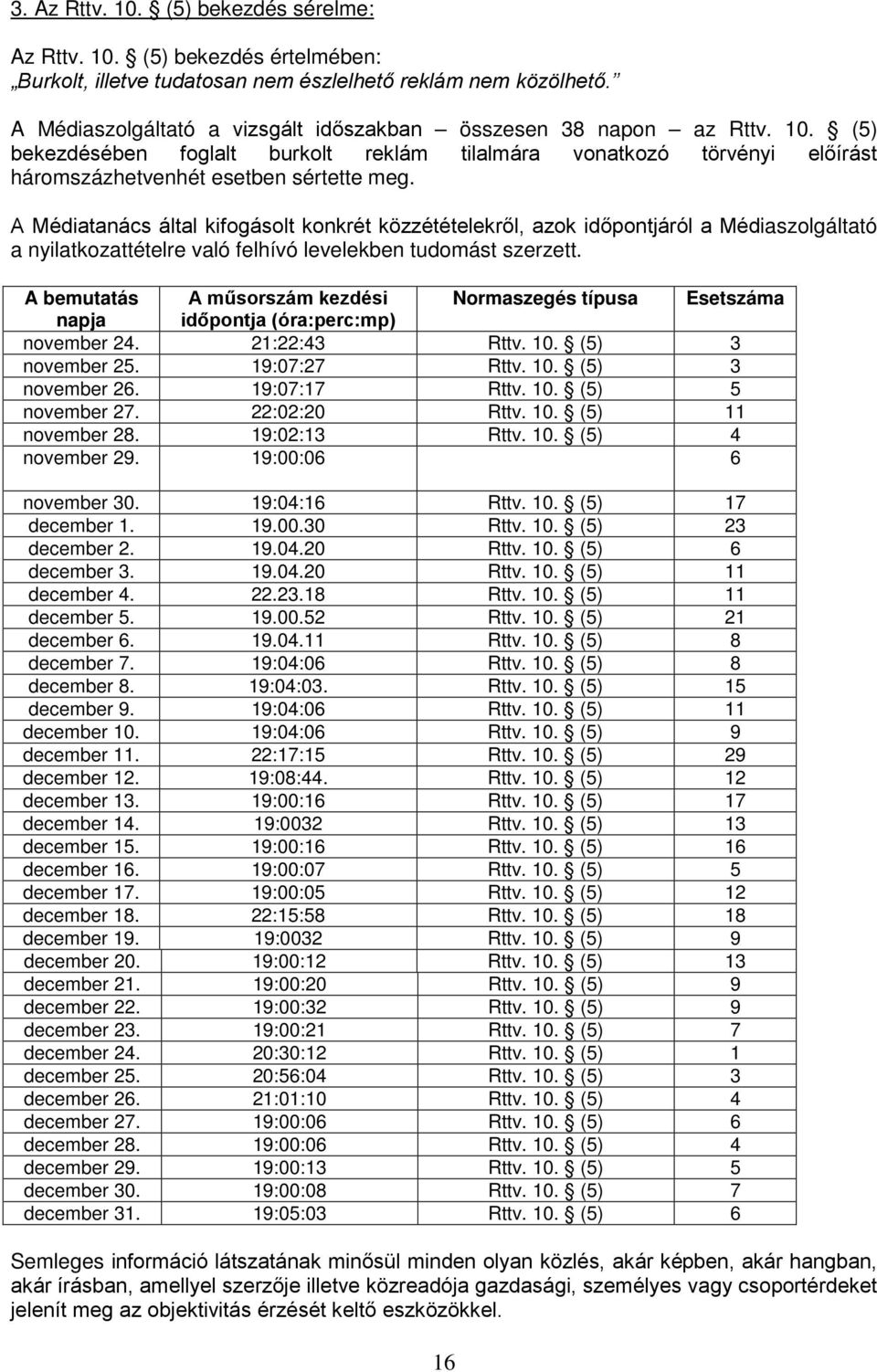 A Médiatanács által kifogásolt konkrét közzétételekről, azok időpontjáról a Médiaszolgáltató a nyilatkozattételre való felhívó levelekben tudomást szerzett.