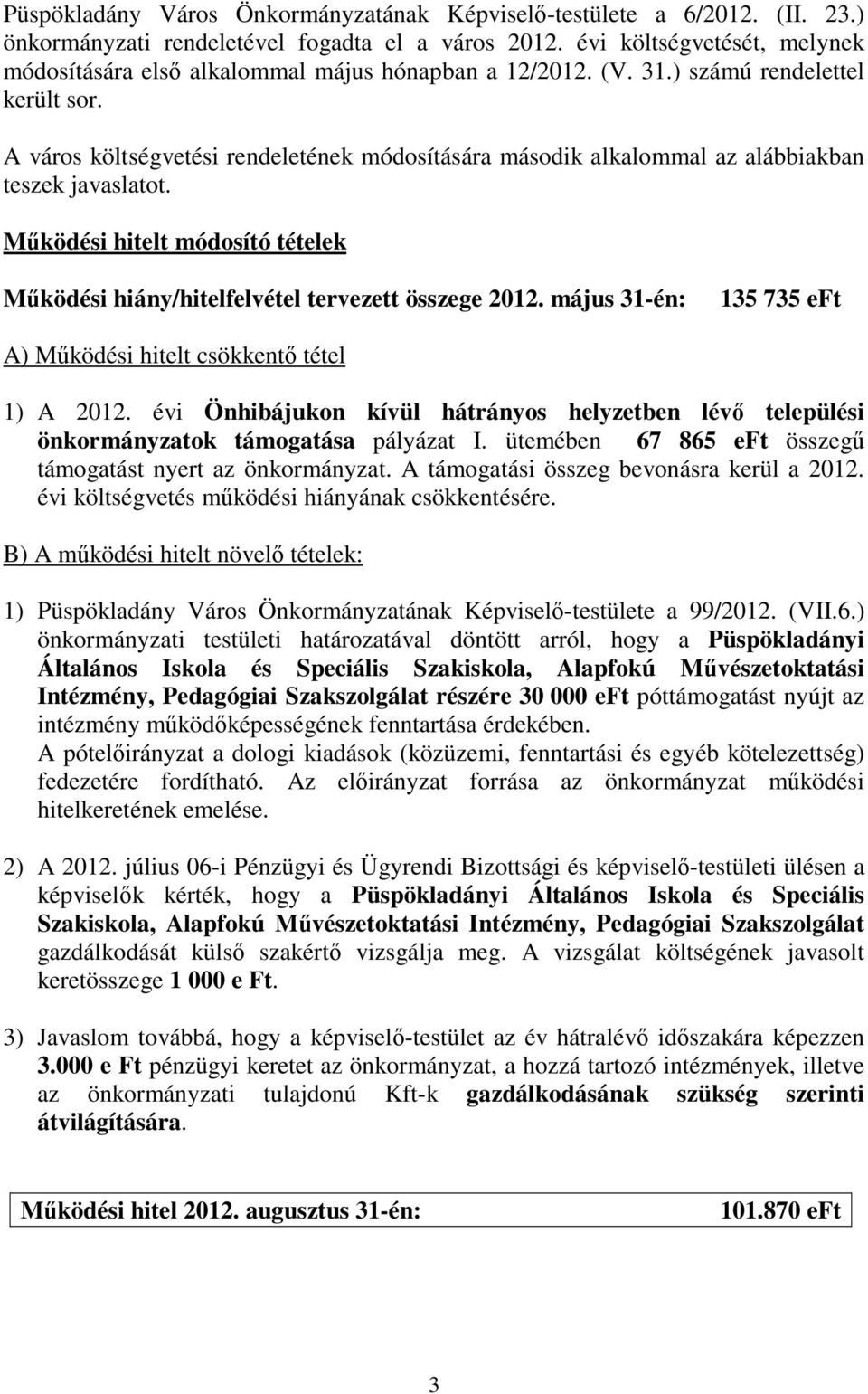 A város költségvetési rendeletének módosítására második alkalommal az alábbiakban teszek javaslatot. Működési hitelt módosító tételek Működési hiány/hitelfelvétel tervezett összege 2012.