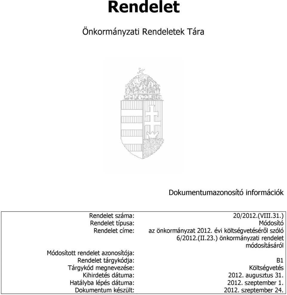 ) Módosító az önkormányzat 2012. évi költségvetéséről szóló 6/2012.(II.23.