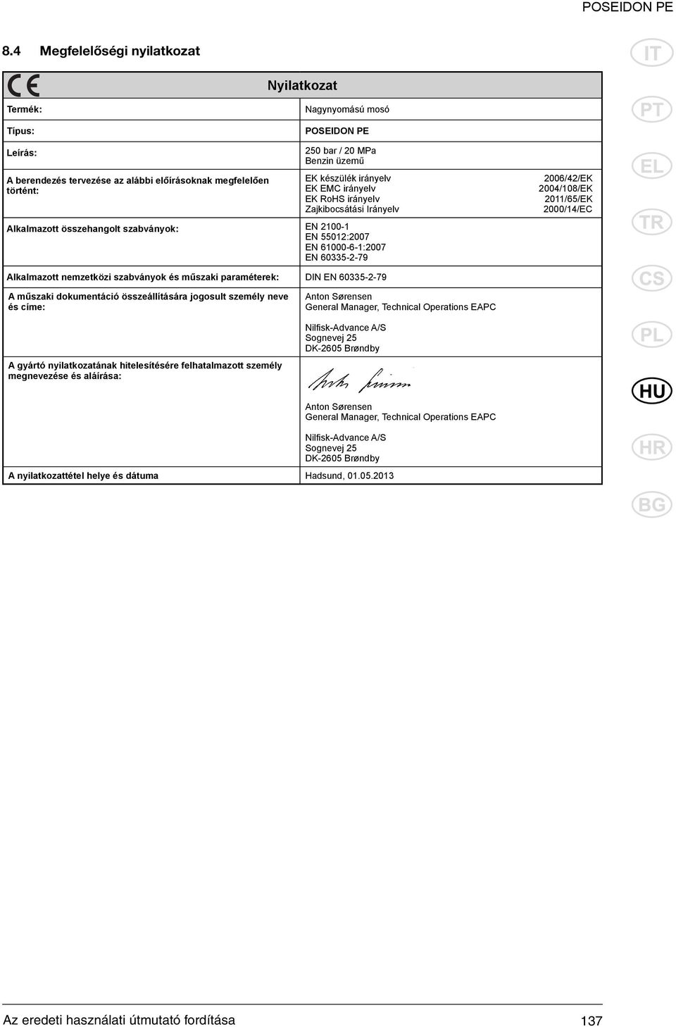 2011/65/EK 2000/14/EC Alkalmazott nemzetközi szabványok és műszaki paraméterek: DIN EN 60335-2-79 A műszaki dokumentáció összeállítására jogosult személy neve és címe: A gyártó nyilatkozatának