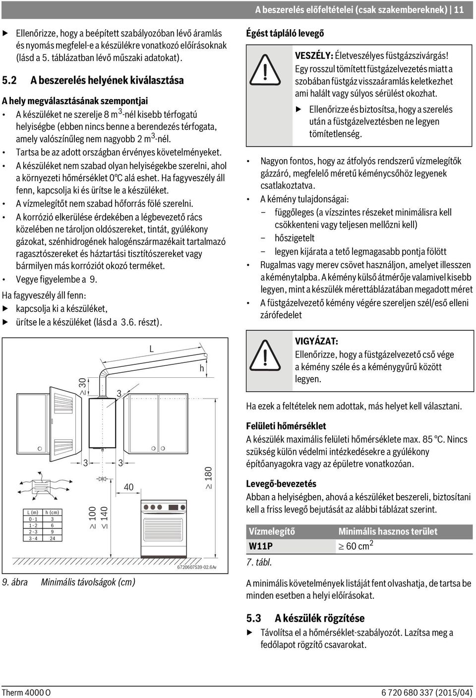 2 A beszerelés helyének kiválasztása A hely megválasztásának szempontjai A készüléket ne szerelje 8 m 3 -nél kisebb térfogatú helyiségbe (ebben nincs benne a berendezés térfogata, amely valószínűleg