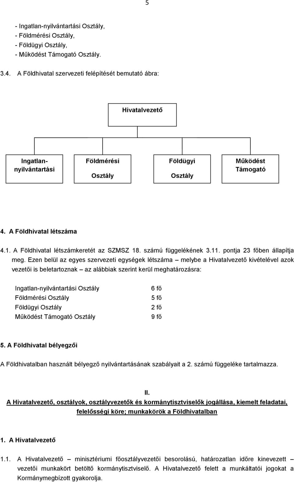 A Földhivatal létszámkeretét az SZMSZ 18. számú függelékének 3.11. pontja 23 főben állapítja meg.