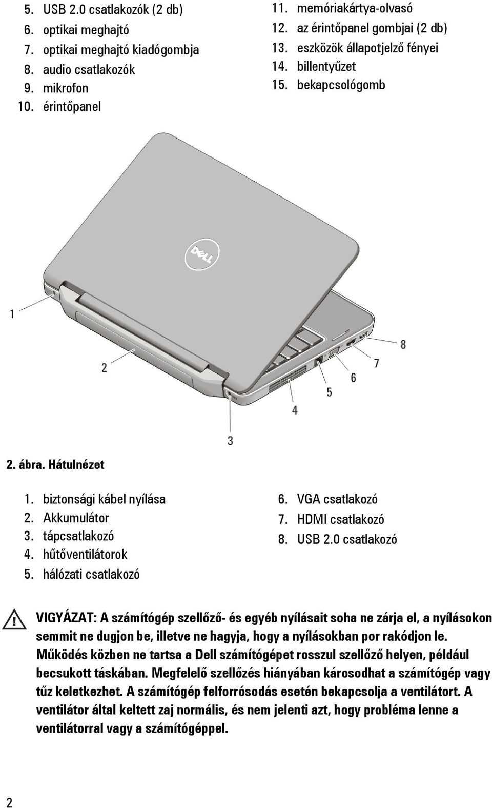 VGA csatlakozó 7. HDMI csatlakozó 8. USB 2.