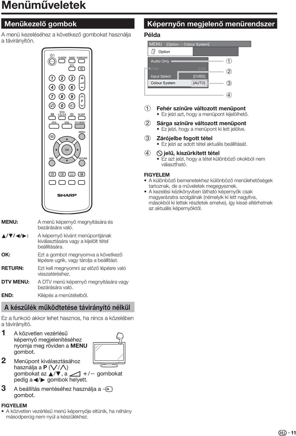 Sárga színűre változott menüpont Ez jelzi, hogy a menüpont ki lett jelölve. Zárójelbe fogott tétel Ez jelzi az adott tétel aktuális beállítását.