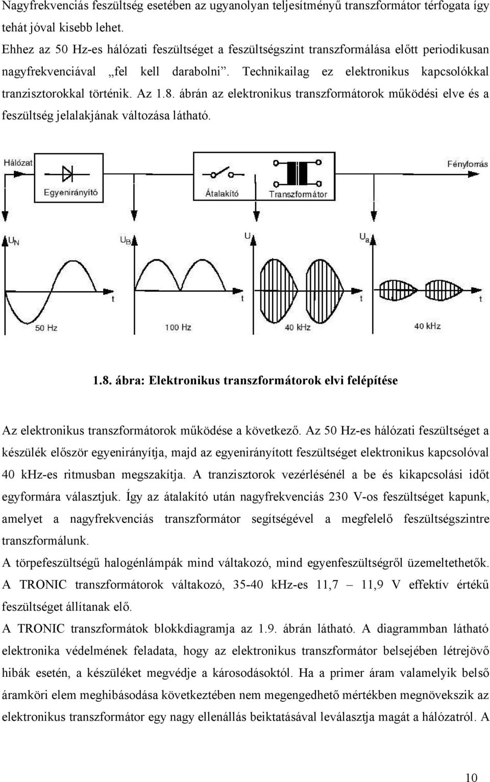 Az 1.8. ábrán az elektronikus transzformátorok működési elve és a feszültség jelalakjának változása látható. 1.8. ábra: Elektronikus transzformátorok elvi felépítése Az elektronikus transzformátorok működése a következő.