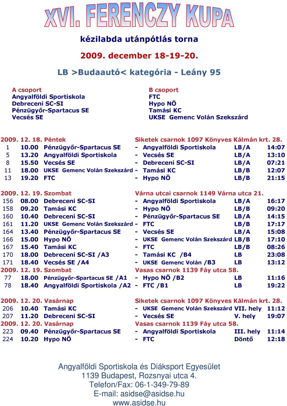 20 FTC - Hypo NÖ LB/B 21:15 2009. 12. 19. Szombat Várna utcai csarnok 1149 Várna utca 21. 156 08.00 Debreceni SC-SI - LB/A 16:17 158 09.20 Tamási KC - Hypo NÖ LB/B 09:20 160 10.