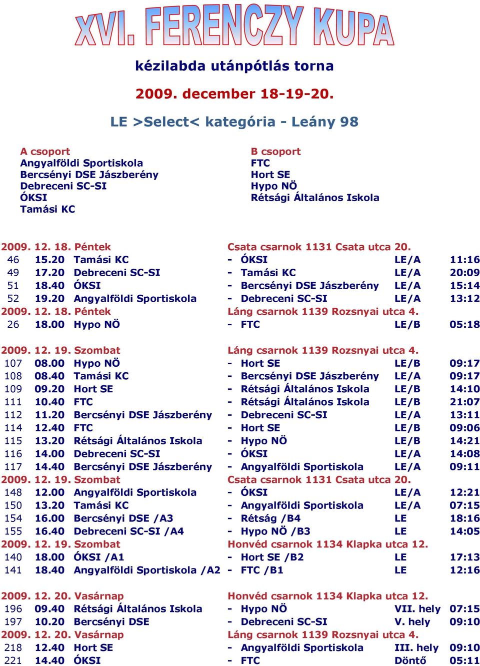 26 18.00 Hypo NÖ - FTC LE/B 05:18 2009. 12. 19. Szombat Láng csarnok 1139 Rozsnyai utca 4. 107 08.00 Hypo NÖ - Hort SE LE/B 09:17 108 08.40 Tamási KC - Bercsényi DSE Jászberény LE/A 09:17 109 09.